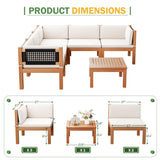 Devoko Outdoor Sectional Couch 6 Pieces Patio Sectional Sofa with Acacia Wood Coffee Table, Outdoor L-Shaped Couch with All-Weather Cushion for Patio,Deck,Backyard(White) Devoko