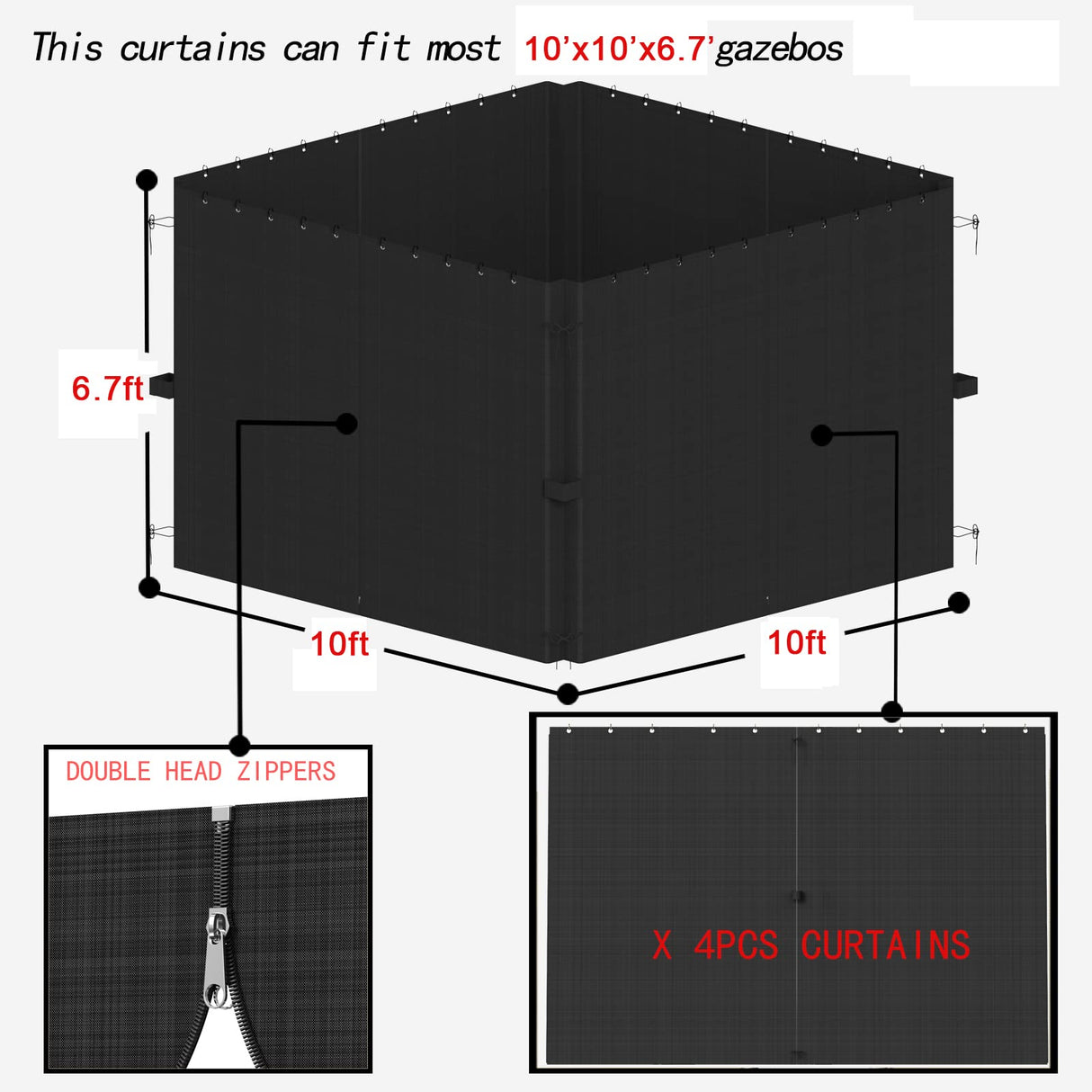 SunCula Replacement 10'x10' Gazebo Curtains Waterproof, Universal Privacy Shade Curtains 4-Panels sidewall with Zipper, Outdoor Curtains for Patio, Backyard, Garden-Black (Only Curtains) SunCula