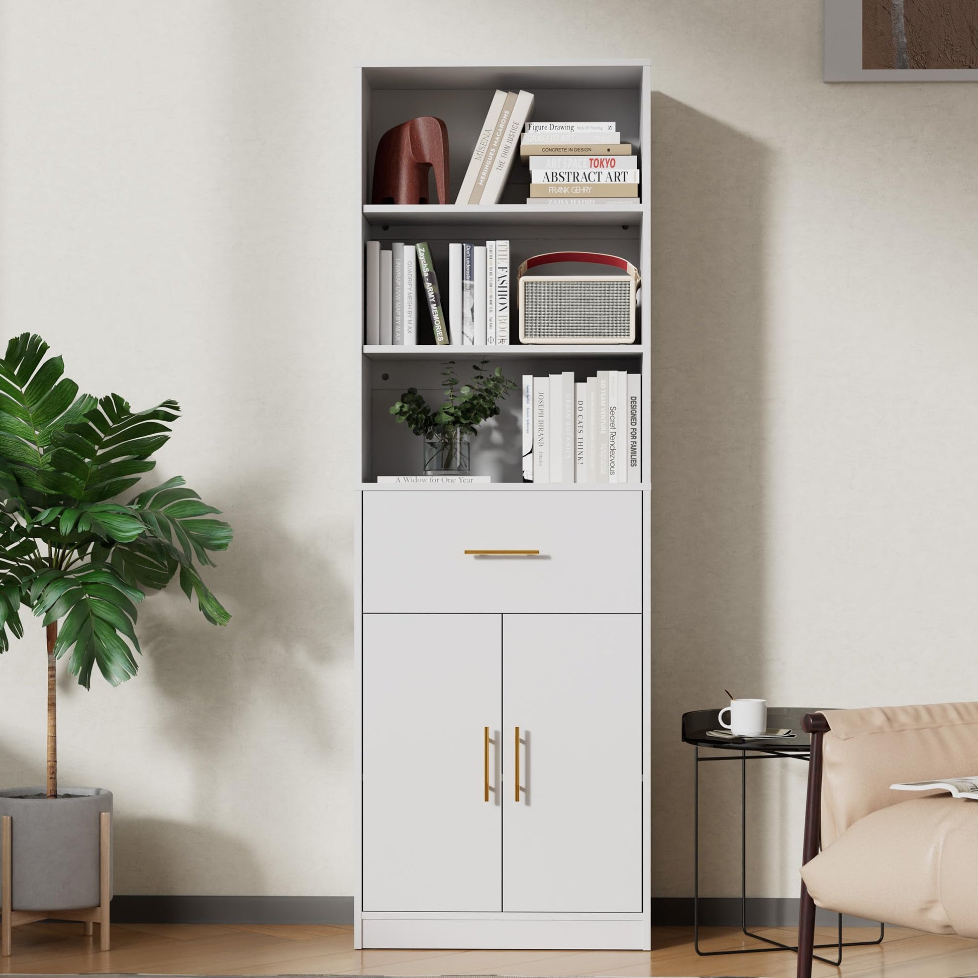 Cozy Castle 71-Inch White Bookcase with Drawer and 6-Tier Storage Cabinet - WoodArtSupply