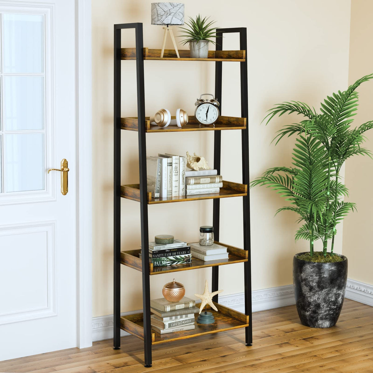 ASTARTH Ladder Shelf-5 Tier Bookshelves w/Open Shelf for Storage, Industrial Bookshelf & Tall Ladder Shelf-Metal Frame for Bedroom, Living Room, Kitchen-67.3'' H, Easy Assembly, Rustic Brown (HD021) ASTARTH