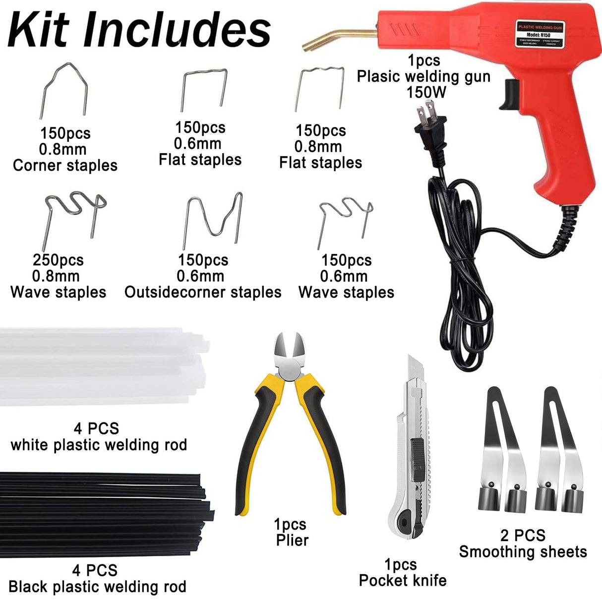 150W Upgraded Plastic Welder Kit,1000PCS Hot Stapler Welding Machine Car Bumper Repair Kit,2 in 1 Plastic Welder Soldering Gun with Weld Rods,6 Types Staples for Bumper/Kayak/Plastic Product Repairs Ghguole