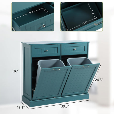 LOUVIXA Tilt Out Trash Can Cabinet with Double Hidden Trash Can Holder, Kitchen Free Standing Recycling Cabinet,Dog Proof Trash Can,Wood, Teal LOUVIXA
