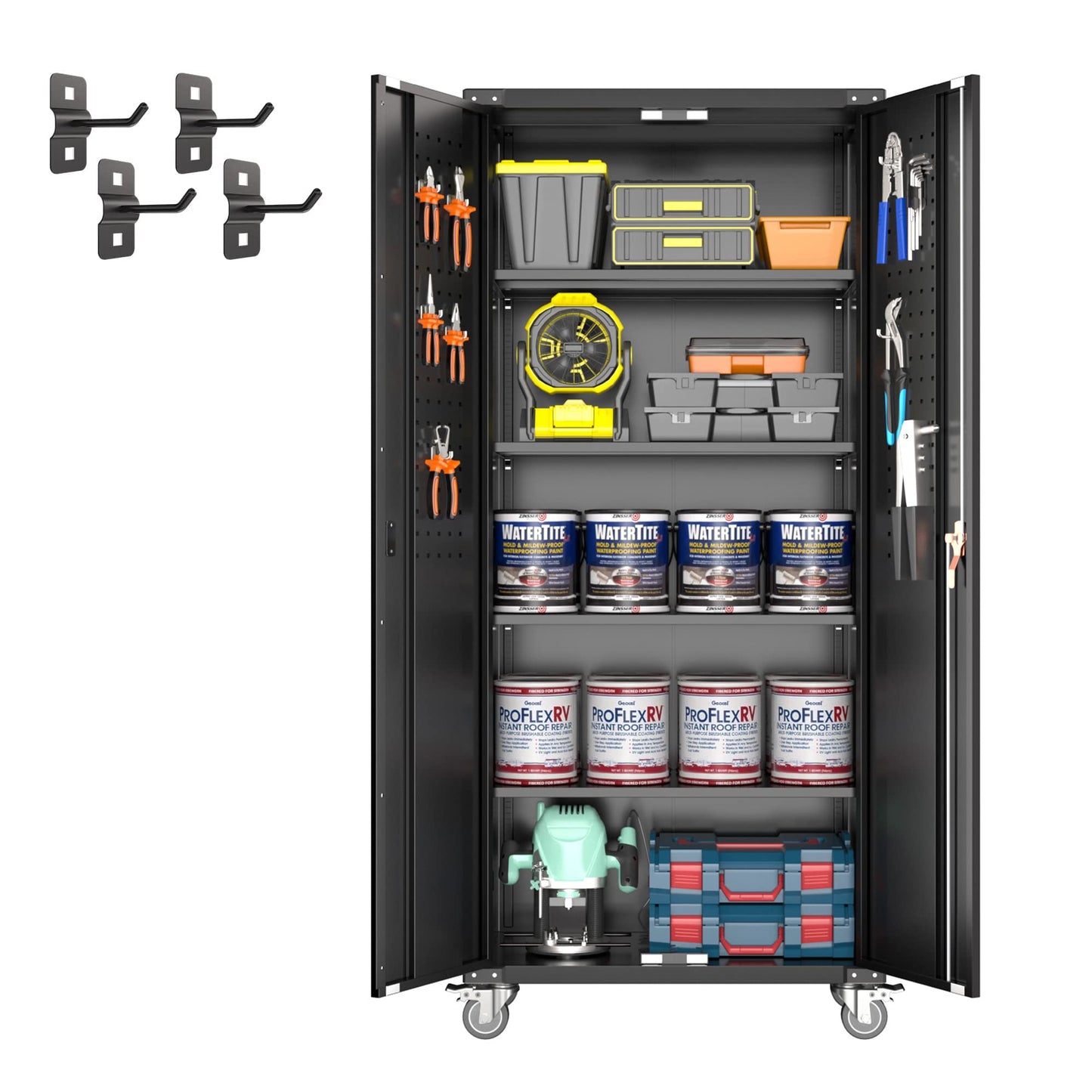 Upgraded Metal Garage Tools Storage Cabinet with Wheels, 72" Tall Lockable Garage Cabinet with Pegboard & 4 Hooks, Adjustable Shelves for Garage Utility Rooms Assembly Required(Black)