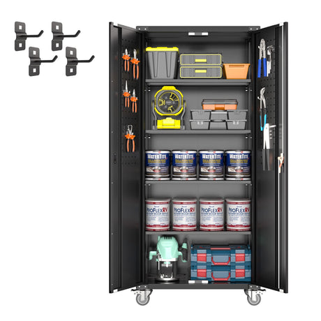Upgraded Metal Garage Tools Storage Cabinet with Wheels, 72" Tall Lockable Garage Cabinet with Pegboard & 4 Hooks, Adjustable Shelves for Garage Utility Rooms Assembly Required(Black) WoodArtSupply
