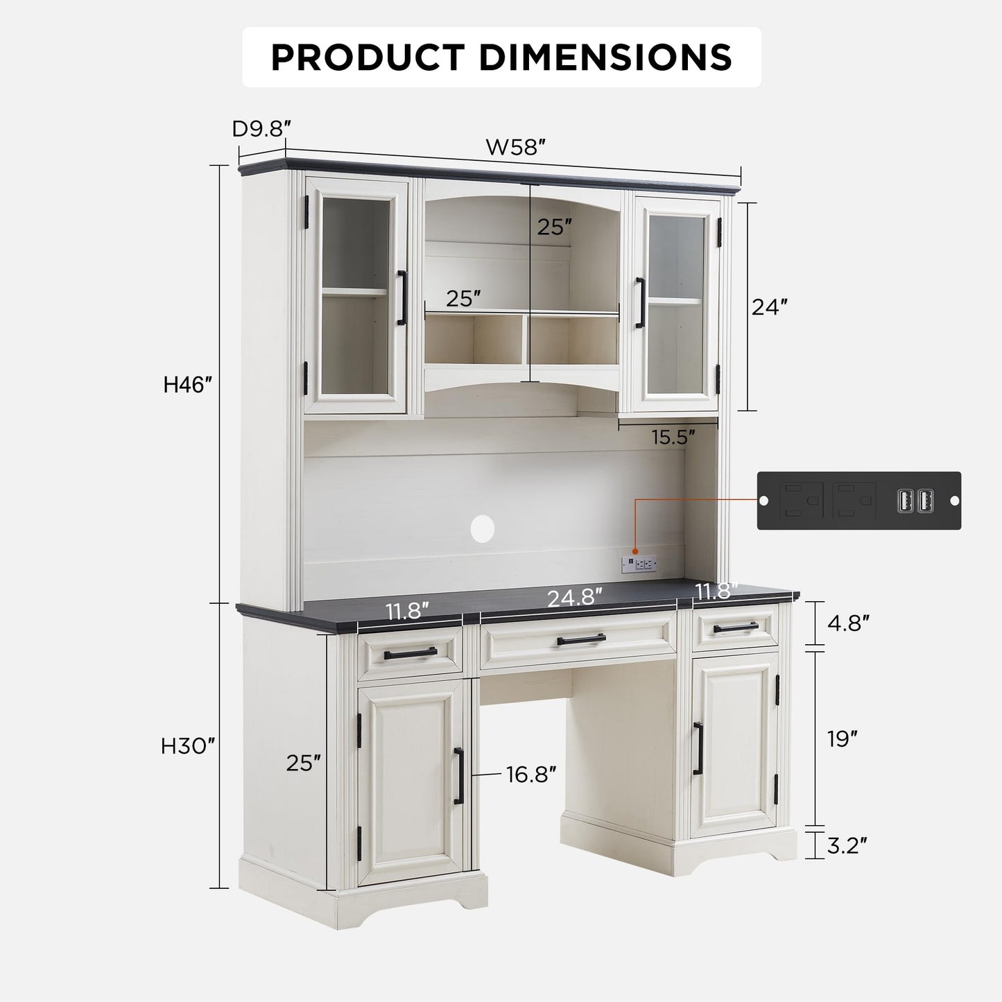 JXQTLINGMU Farmhouse 76" Height Computer Desk with Hutch, Office Desk with Charging Station, Drawers and Storage Cabinet, Workstation for Office Home, Off White - WoodArtSupply