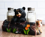 Ebros Black Baby Bear Cub Sitting In Log With Squirrel Salt And Pepper Shakers Holder Statue 6.75"Long Cabin Lodge Whimsical Bear Dining Table Centerpiece Ebros Gift