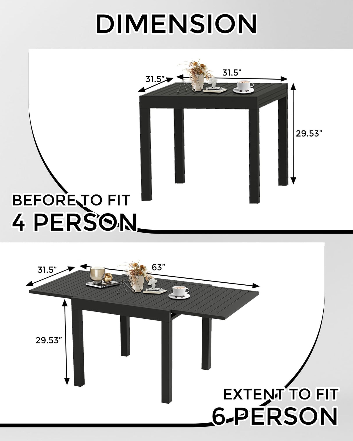 Expandable Patio Table for 4-6 Persons, Extentable Outdoor Dining Table Set 31.5”-63”, Aluminum Slat Frame, Rectangular, for Porch, Deck, Garden, Pools, Table, Grey GAOMON