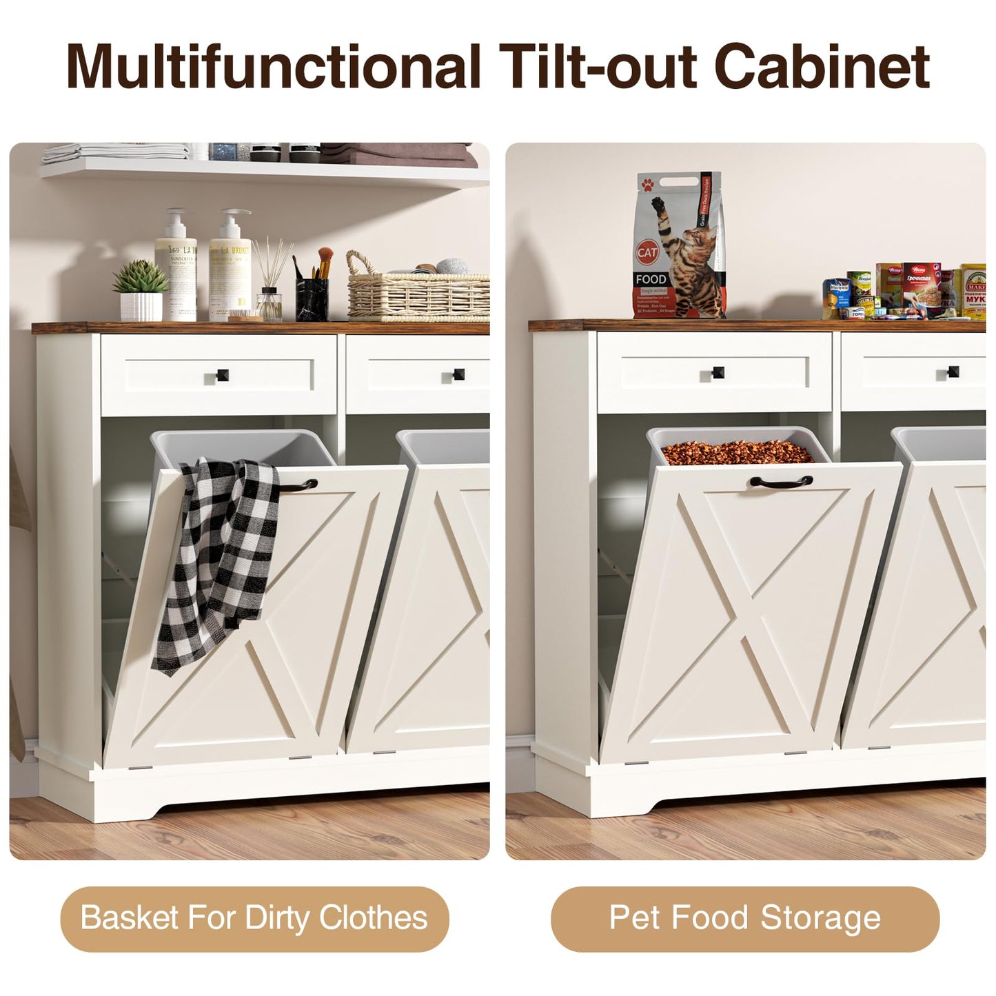 Double Tilt Out Trash Can Cabinet, 20 Gallon Hidden Trash Can Cabinet with Deodorizing Function, Farmhouse Wooden Garbage Trash Bin Cabinet and Drawer for Kitchen Living Room, White - WoodArtSupply