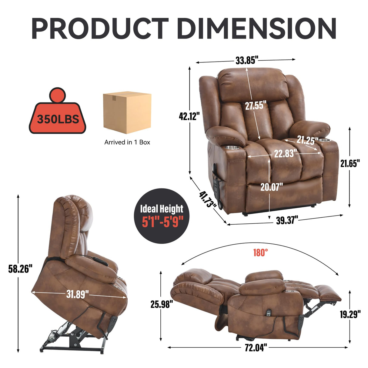 RHHVVR Electric Lift Chair Oversized, Dual Motor Power Lift Recliner Faux Leather Sofa with 8-Point Vibration Massage and Lumbar Heating, Stainless Steel Cup Holders for Elderly, Medium-Firm, Brown RHHVVR
