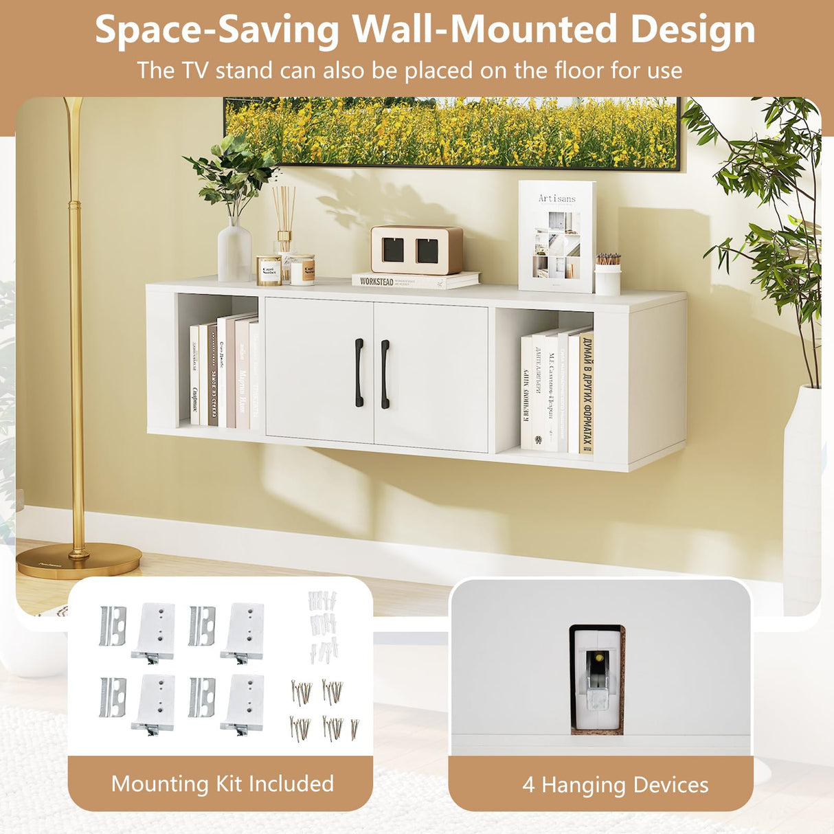 GOFLAME Floating TV Stand, Wall Mounted TV Console Table with Doors, Entertainment Media Center Under TV, Modern TV Cabinet for Living Room, Bedroom, Office, White GOFLAME