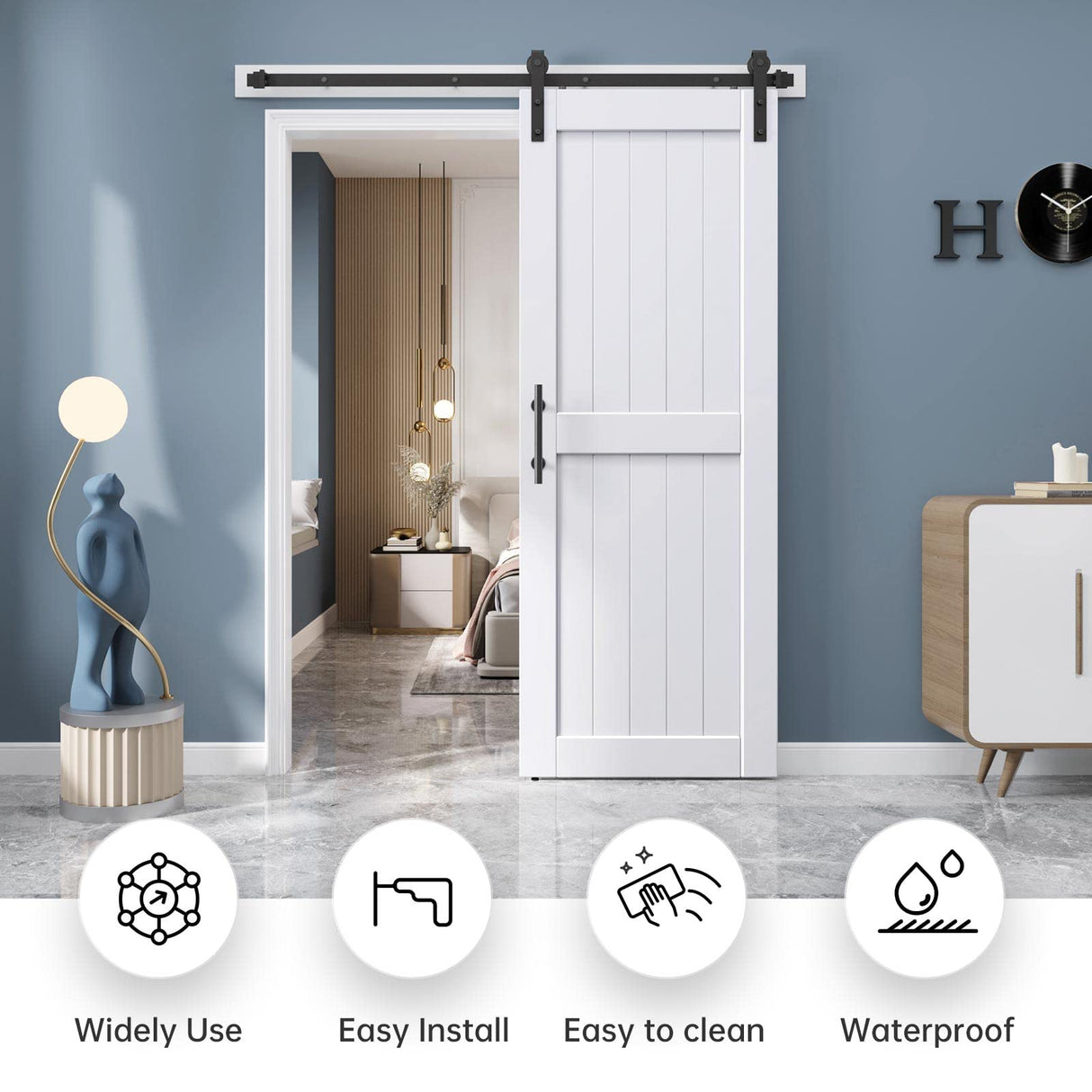 EaseLife 32in x 84in Sliding Barn Door with 5.5FT Barn Door Hardware Track Kit Included,Solid LVL Wood Slab Covered with Water-Proof & Scratch-Resistant PVC Surface,DIY Assembly,Easy Install,White EaseLife