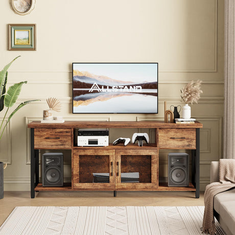 ALLSTAND TV Stand for 55 60 65 Inch TV, Entertainment Center with Fabric Drawers & Storage Cabinets, Industrial Media Console Table with Soundbar Shelf for Living Room, Bedroom, 55 Inches Rustic Brown ALLSTAND