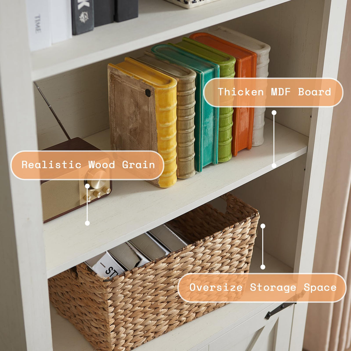 AMERLIFE Farmhouse Bookcase with Doors, 5 Shelf Bookshelf Storage Cabinet with Adjustable Shelves & Barn Door, Versatile Storage Pantry Cabinet for Bedroom, Living Room, Kitchen, Rustic White(2pcs) AMERLIFE