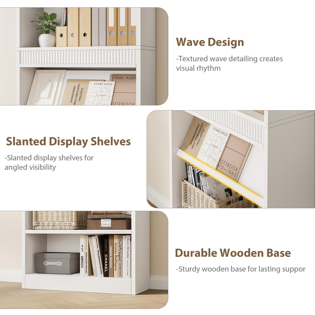 GarveeHome 71 in Farmhouse Bookcase w/Display Rack & Fluted Design, 5 Tier Tall Bookshelf with Wooden Base, Wood Bookshelf Vintage Book Shelf for Office Library (White, 71.5" H x 30.7" W x 11.9" D) GarveeHome