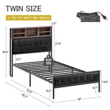 VECELO Farmhouse Metal Bed Frame Twin Size with Wooden Headboard & Footboard, Solid Platform Mattress Foundation with Storage, LED Light, Charging Station, USB Ports, Noise-Free, Easy Assembly, Black VECELO
