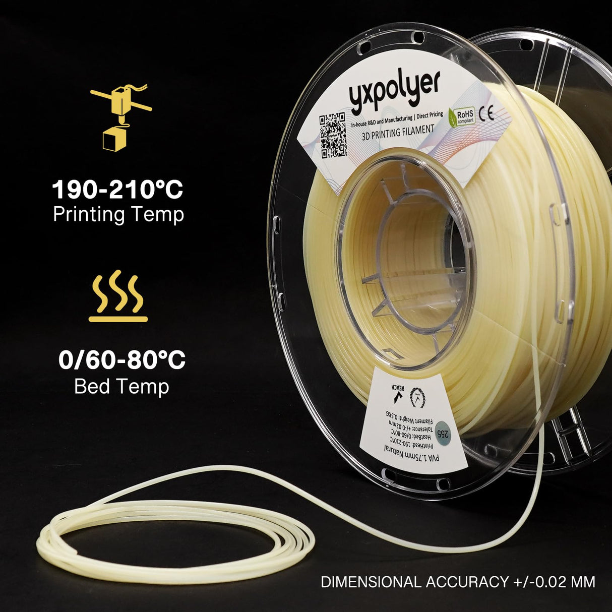 YXPOLYER PVA Filament Quick Water Soluable Dissolvable Support Material 1.75mm 1kg for 3D Printing Filament PLA TPU PETG ABS Nylon, AMS-Compatible Polyvinyl Alcohol Nature Color yxpolyer