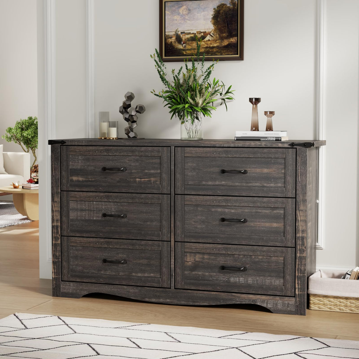 Loomie Farmhouse 6 Drawers Double Dresser for Bedroom, Modern White Dresser Chest of Drawers, Wide Dressers Organizer, Accent Storage Cabinet for Closet, Living Room, Hallway, Dark Rustic Oak Loomie