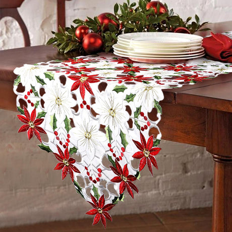 OurWarm Christmas Embroidered Table Runners Poinsettia Holly Leaf Table Linens for Christmas Decorations 15 x 70 Inch OurWarm
