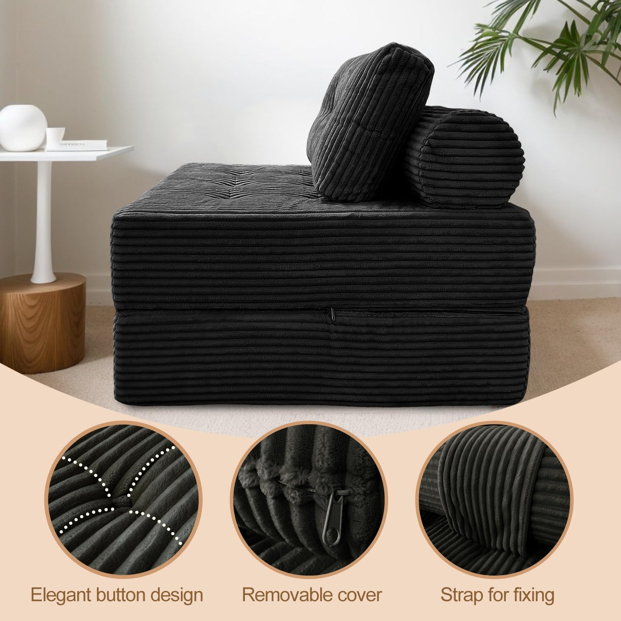 Nigoone Sofa Bed Futon, Versatile Foldable Sleeper Chair with Pillow, Supportive Memory Foam, Plush Corduroy Fabric, Cozy Floor Couch, Convertible Mattress for Bedroom/Living Room/Guest/Office, Black Nigoone