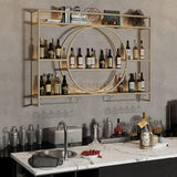 AKOGG Wine Rack Wall Mounted With LED Light ＆ Wine Glass Holder,Iron Bar Liquor Shelf,Floating Wall Wine Shelves,Liquor Bottle Display Shelf,Wine Glass Storage Racks,For Kitchen Wine Cellar,Gold/Black AKOGG