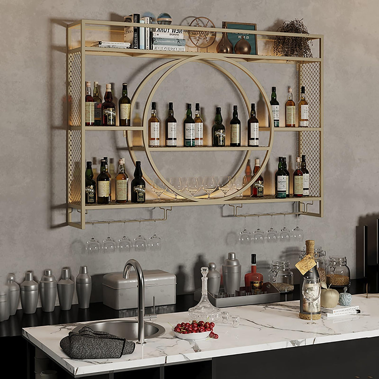 AKOGG Wine Rack Wall Mounted With LED Light ＆ Wine Glass Holder,Iron Bar Liquor Shelf,Floating Wall Wine Shelves,Liquor Bottle Display Shelf,Wine Glass Storage Racks,For Kitchen Wine Cellar,Gold/Black AKOGG