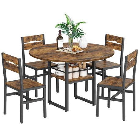 RALGEND Round Dining Table Set for 4, Circle Kitchen Table and 4 Chairs, 5 Piece Dining Table Set, with Wooden Tabletop and Widen Seat, Space Saving, for Dining Room, Rustic Brown and Black RALGEND