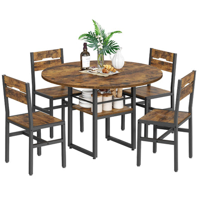 RALGEND Round Dining Table Set for 4, Circle Kitchen Table and 4 Chairs, 5 Piece Dining Table Set, with Wooden Tabletop and Widen Seat, Space Saving, for Dining Room, Rustic Brown and Black