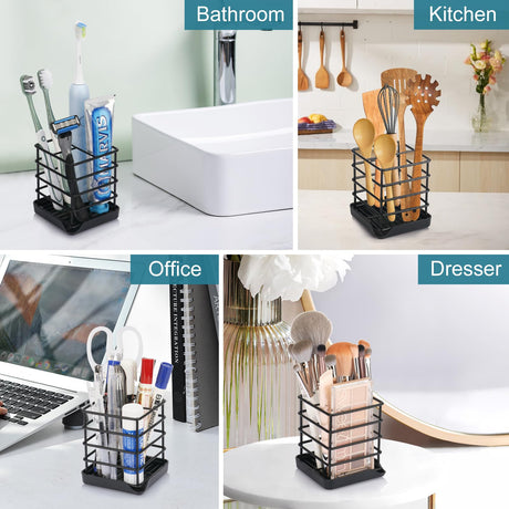 Toothbrush Holders for Bathrooms, Stainless Steel Bathroom Toothbrush Holder Kids Electric Tooth Brushing Holder Stand and Toothpaste Holder for Bathroom Accessories Organizer with Tray, Black (Small) Chintu