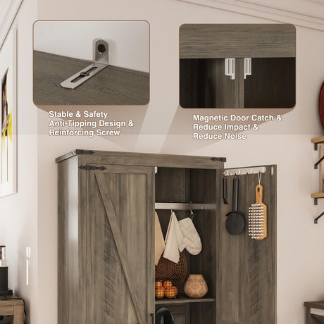 Befrases Farmhouse Rustic Grey Storage Cabinet with Adjustable Shelves, Large Pantry Organize with 2 Barn Doors, Tall Freestanding Cabinet for Kitchen, Bathroom/Garage/Basement/Living/Utility Room Befrases