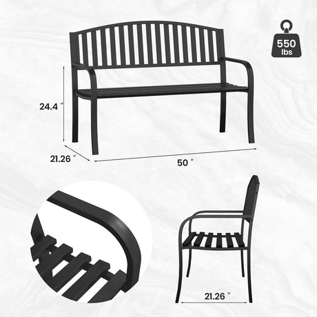 GUINGFUN 50" Outdoor Bench, Heavy-Duty Metal Frame Graden Bench, Weatherproof Patio Park Bench for Front Porch, Park, Yard, Patio GUINGFUN