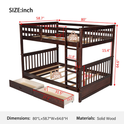 Merax Wood Bunk Bed with Drawers, Full Over Full Convertible Wood Bunk Bed with Ladders and Two Storage Drawers,Solid Wood Detachable Bunk Bed Frame with Ladders, Espresso