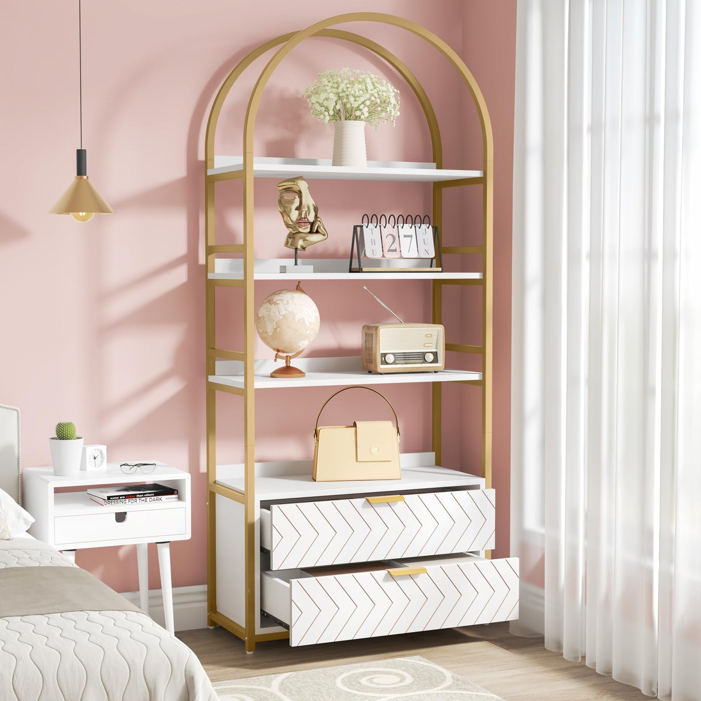 Tribesigns 4-Tier Tall Bookcase with Drawers – Stylish White & Gold Free-Standing Storage Shelf - WoodArtSupply