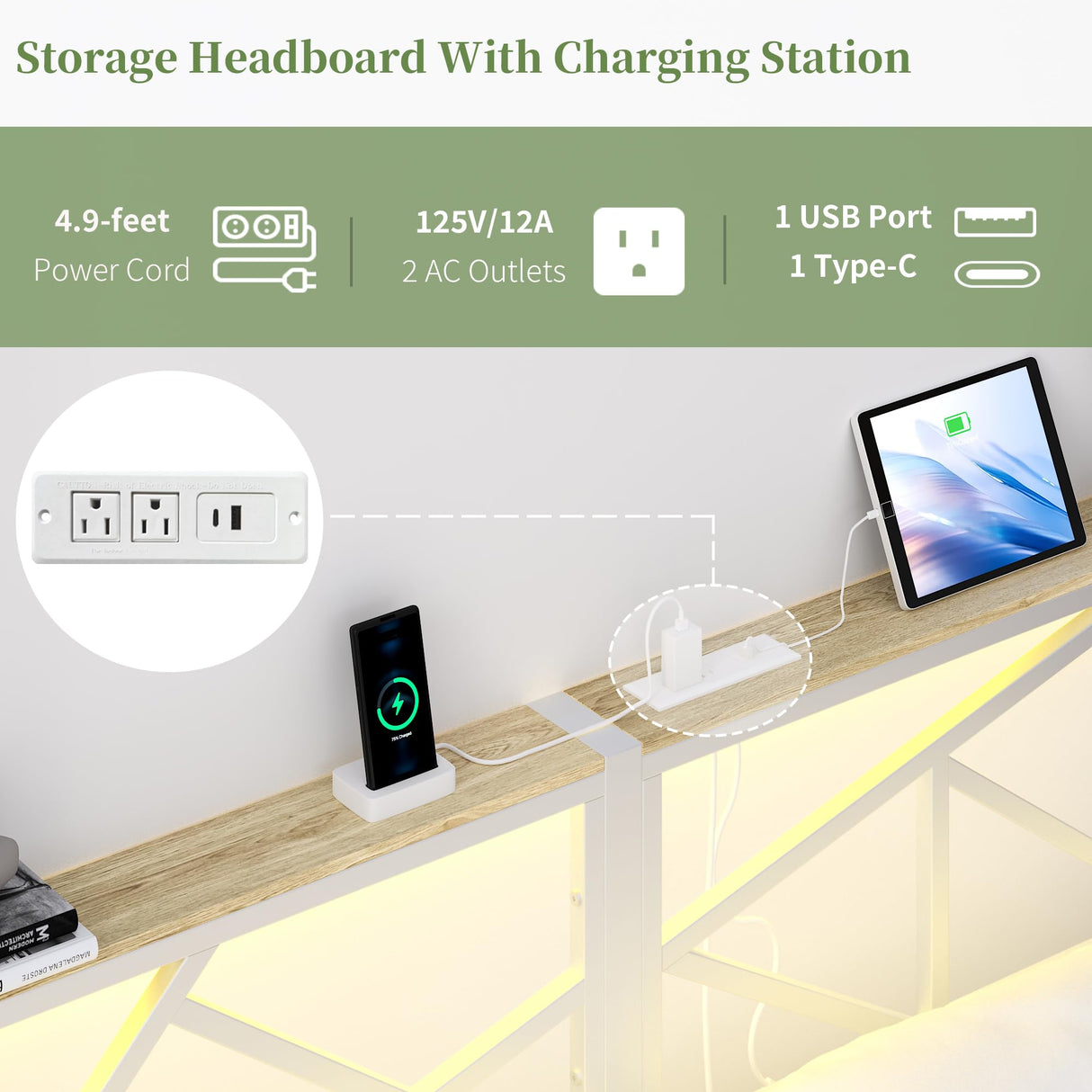 ChicZhiNest Queen White Metal Bed Frame with USB Charging Station, LED Ambient Lighting, and Wooden Storage Headboard - Includes Under-Bed Storage, No Box Spring Needed, Noise Free, Easy to Assemble ChicZhiNest