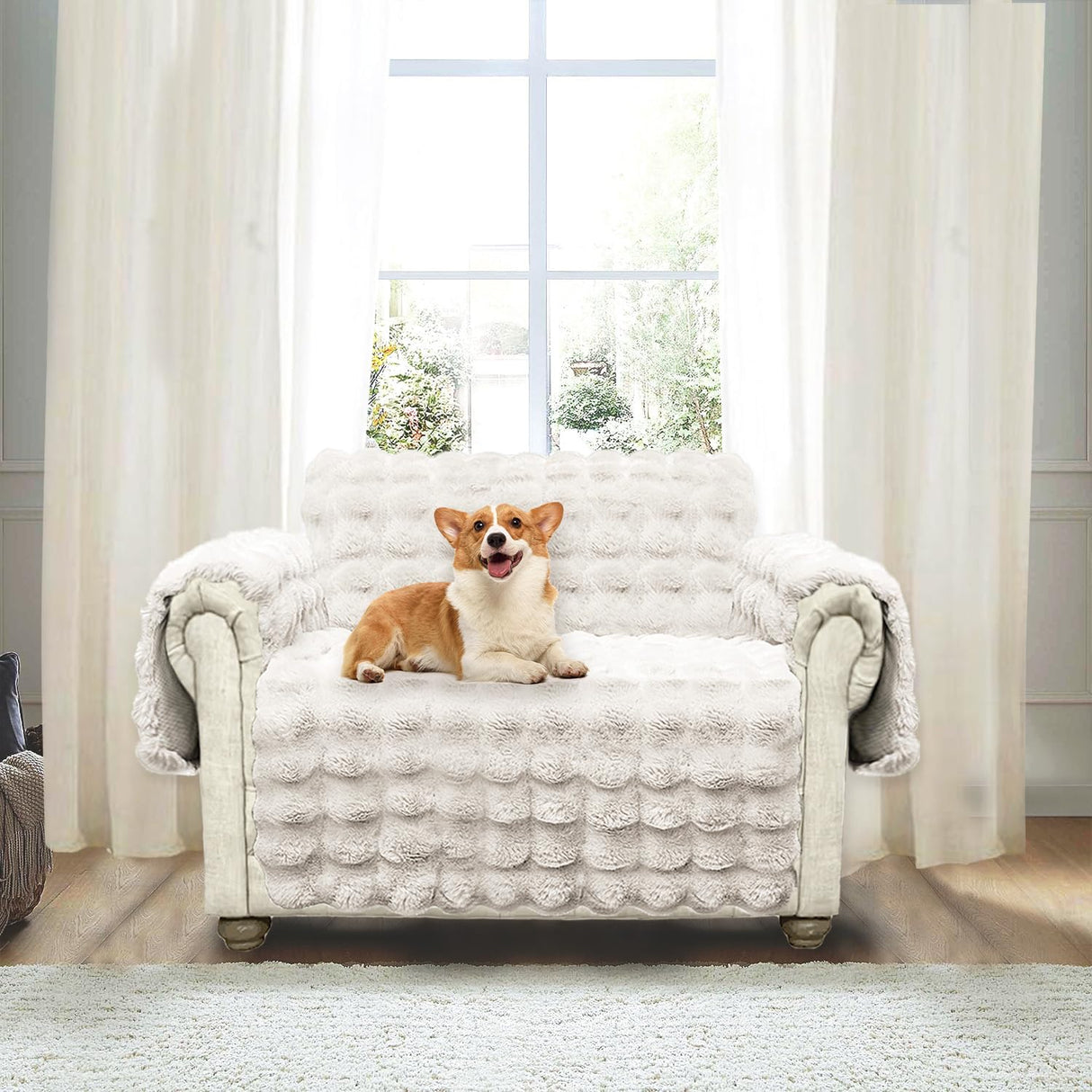 Snugglesinto Soft Faux Fur Sofa Cover Thick Shaggy Fuzzy Sectional Couch Cover Non-Slip Plush Sofa Slipcover Furniture Protector for Kids, Pets(Loveseat, White-Bubble) Snugglesinto