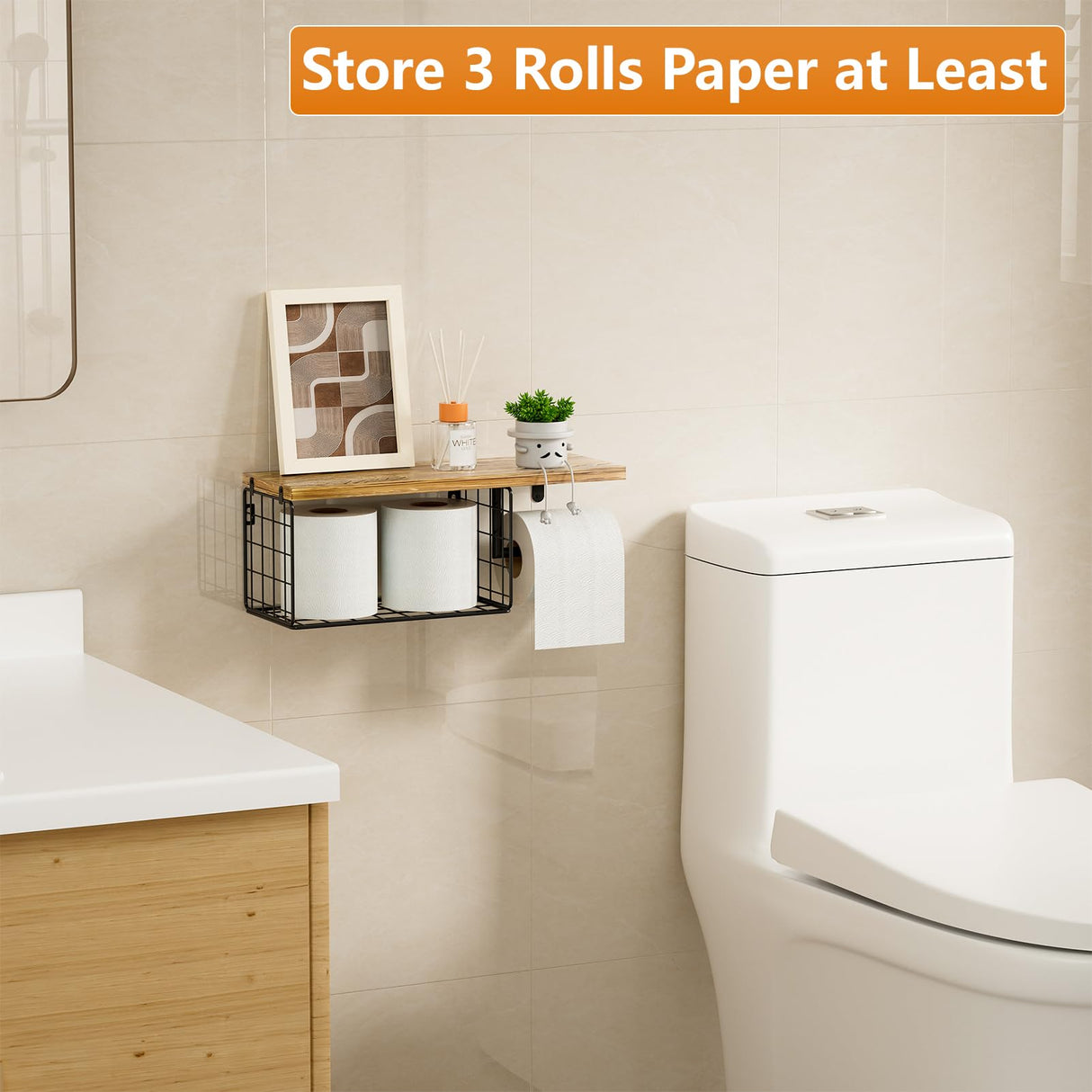 VITVITI Toilet Paper Holder with Shelf, Wall Mounted Toilet Paper Storage Basket, Wood Metal Toilet Roll and Wipes Holder for Bathroom Farmhouse (Brown) VITVITI