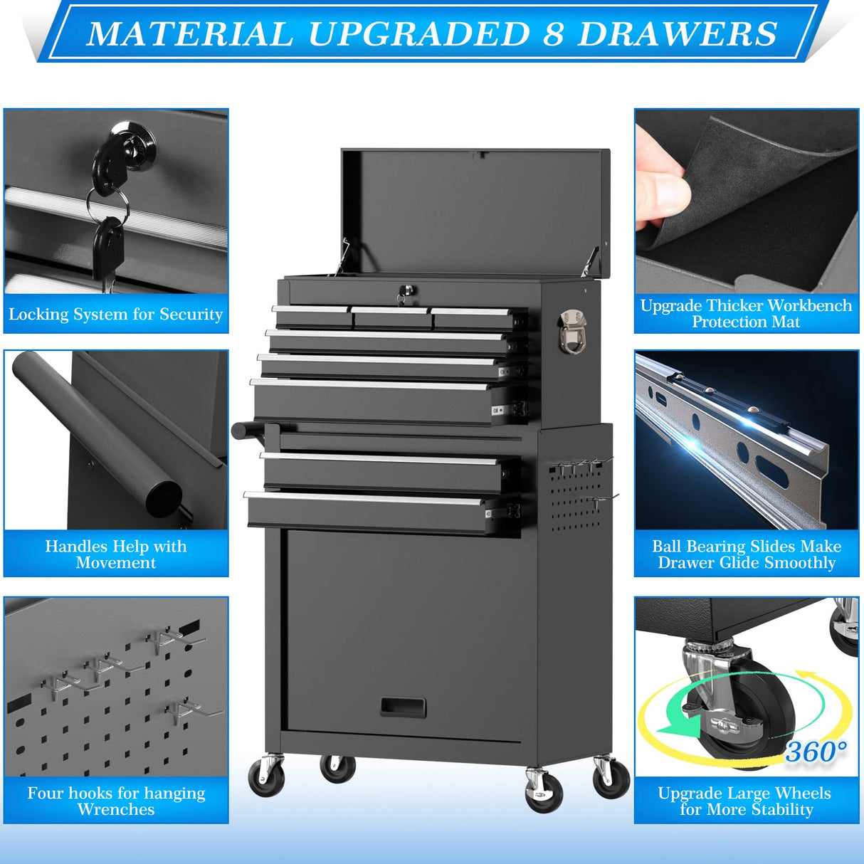 Granper High Capacity 8-Drawer Tool Chest, Tool Box with Wheels, Movable Rolling Tool Chest, Tool Chest with Wheels, Heavy Duty Tool Cabinet for Workshop, Garage and Repair Room(Cool Black) Granper