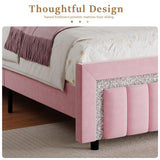 HOMBCK Queen Bed Frame, Pink Upholstered Bed Frame with Velvet Diamond Headboard, Soft Bed Frame, Vertical Channel Tufted Headboard and Footboard, No Box Spring Needed, Easy Assembly, Pink HOMBCK