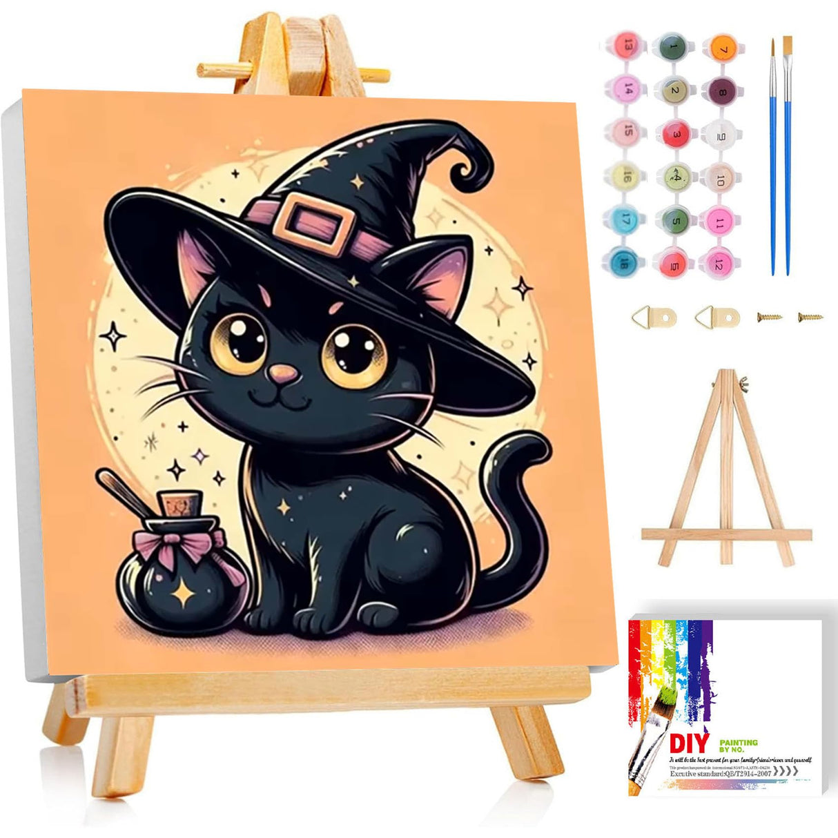 Halloween Paint by Numbers Kit for Kids with Frame - Cat Paint by Number for Kids, Halloween Kid Painting by Number Kits Age 5-8 for Home Wall Decor 8X8inch (with Wooden Easel) ajepon