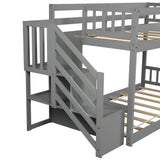 P PURLOVE Twin Over Twin Low Bunk Bed with Storage Stairs in Grey P PURLOVE