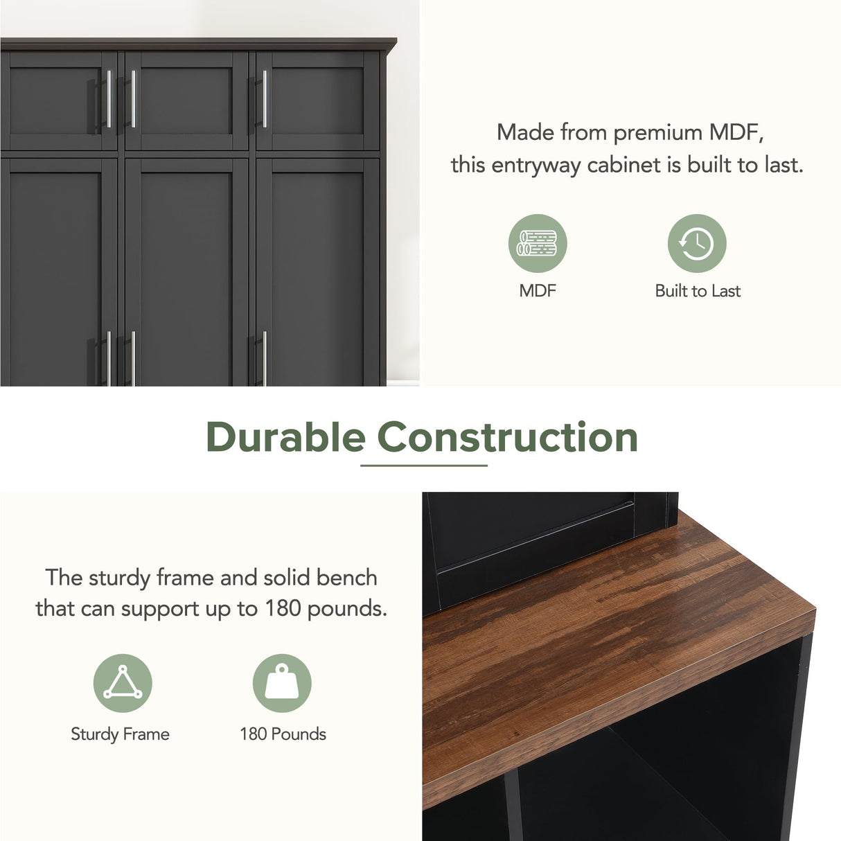 Merax Hall Tree with Bench and Shoe Storage Compartments, Particle Board Multi-Functional Entryway Cabinet with 4 Hanging Hooks, Black Merax