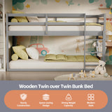 TOLEAD Low Bunk Bed Twin Over Twin, Floor Bunk Bed with Ladder, Twin Bunk Bed with Full Guardrails, Wooden Bunk Bed for Juniors, Boys, Girls, Kids, Bedrooms (Grey) TOLEAD
