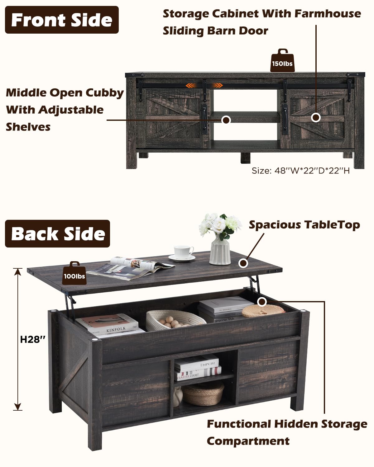 OKD 48" Farmhouse Lift Top Coffee Table with Sliding Barn Door,Rustic Center Table with Hidden Storage Compartment,Lifting Tabletop and Adjustable Shelf for Living Room,Office,Dark Rustic Oak OKD