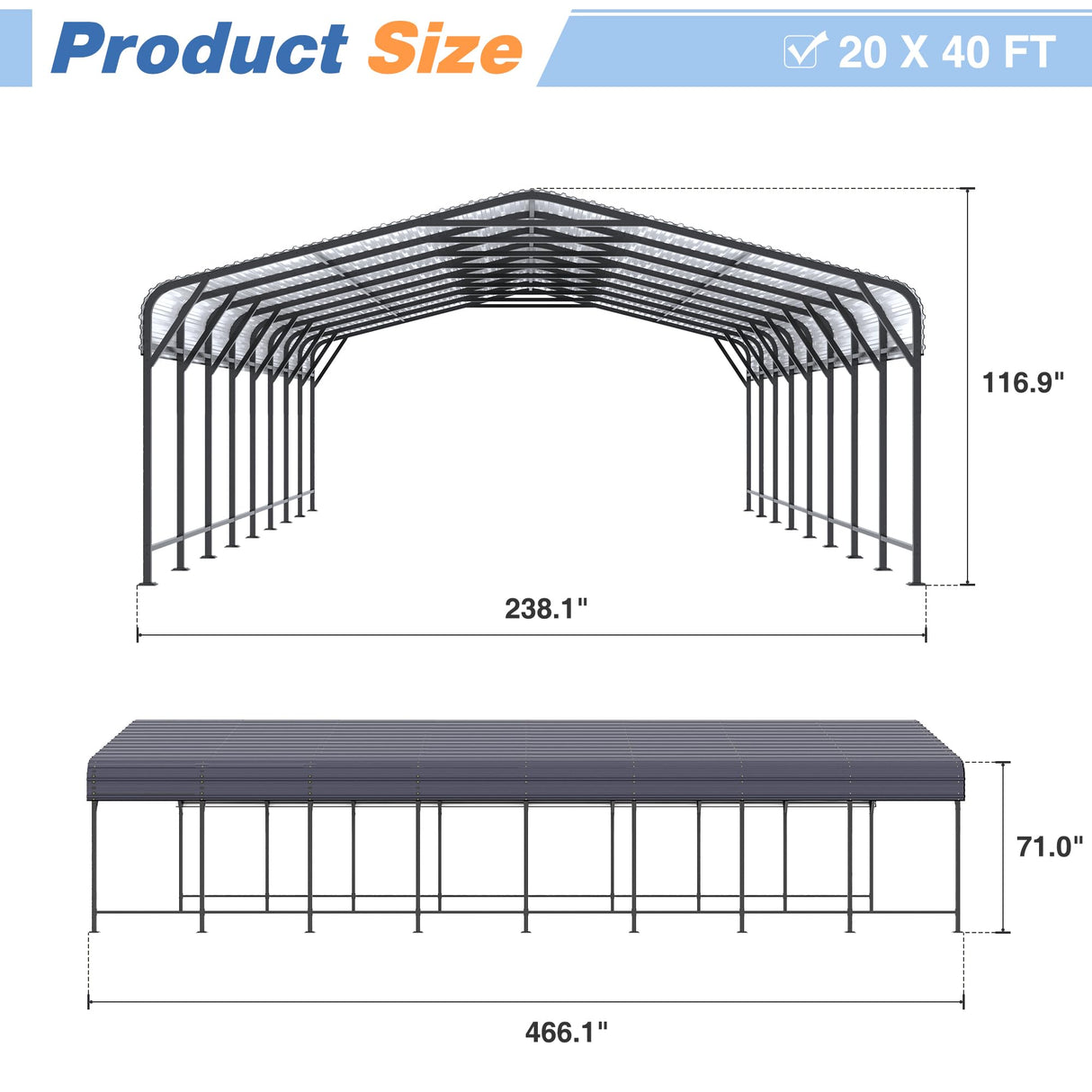AirWire 20x40 FT Metal Carport Canopy Heavy Duty with Reinforced Base and Galvanized Steel Roof & Frame, Garage Shelter for Cars, Boats and Trucks AirWire