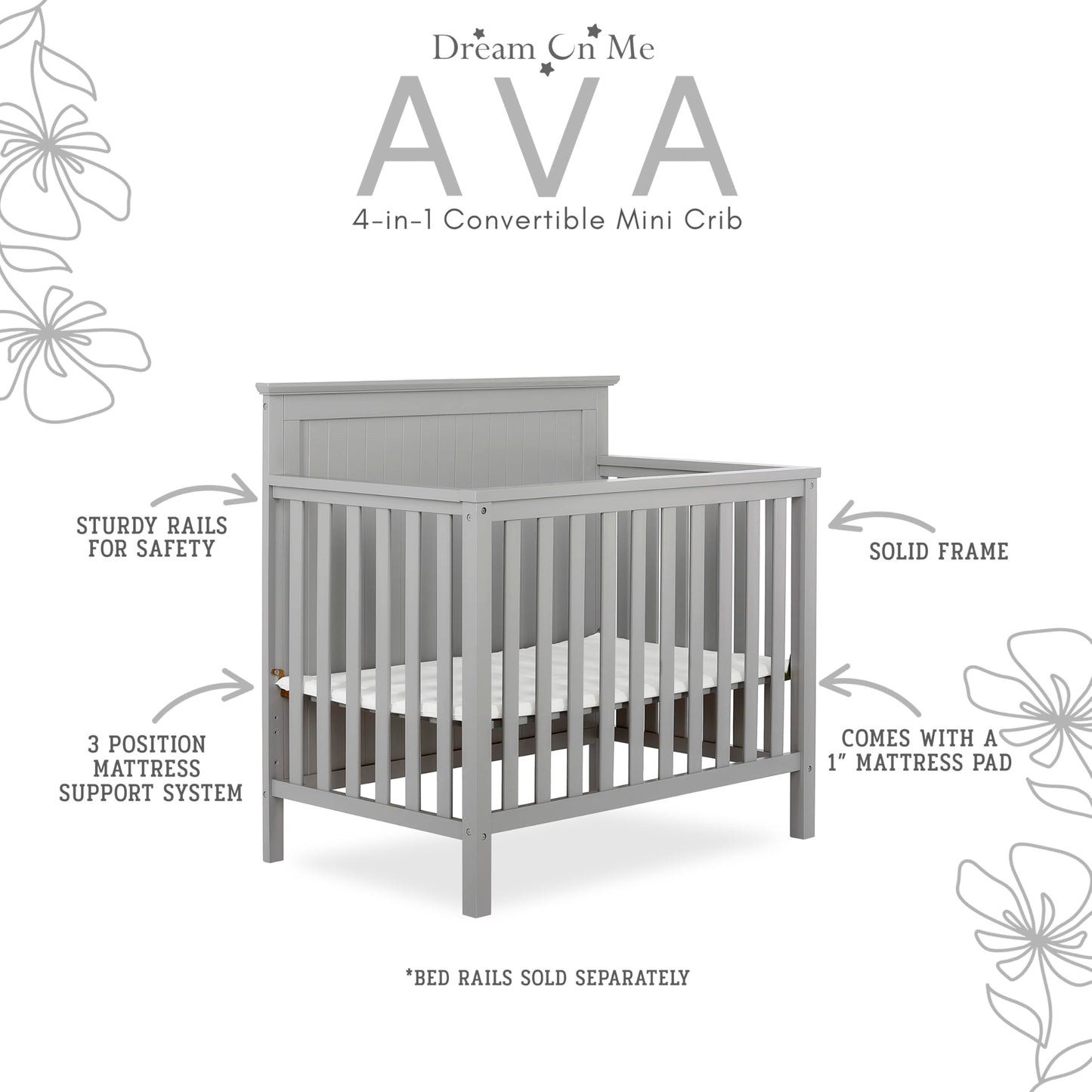 Dream On Me Ava 4-in-1 Convertible Mini Crib in Pebble Grey, 635-PG, Greenguard Gold Certified, Non-Toxic Finish, Comes with 1" Mattress Pad, with 3 Mattress Height Settings