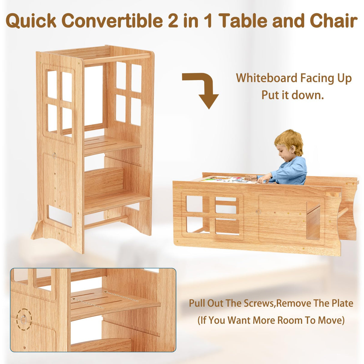 BueDeHai 4 in 1 Kitchen Toddler Step Stool, Wooden Kitchen Toddler Tower with Whiteboard and Safety Rail, Adjustable-Height Kids Learning Standing Tower for Kitchen Counter Bathroom Sink BueDeHai