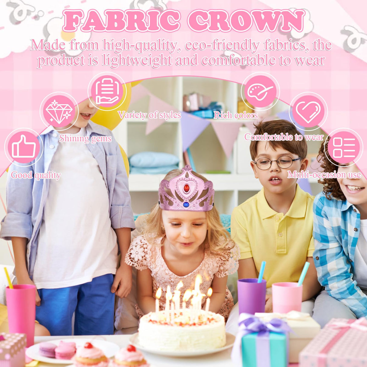 ZYNERY 29 Pcs Birthday Crowns for Kids Fabric Crafts with Stickers Bulk 4-14mm Rhinestones,Princess Tiaras DIY Crown Gifts for Girls Boys Role Rlay ZYNERY