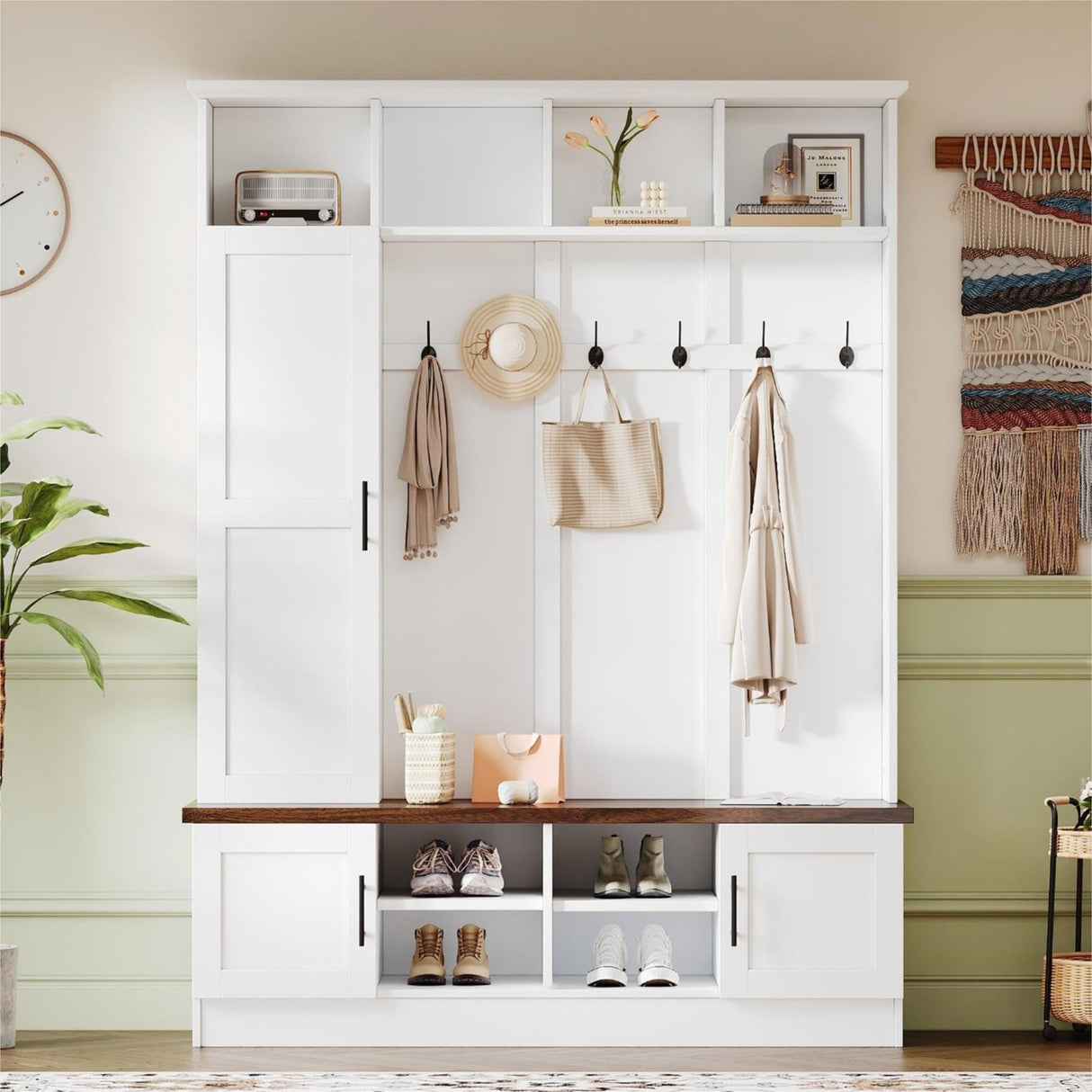 Merax Farmhouse Wood Hall Tree with 6 Hooks and Shoe Bench, Mudroom Versatile Coat Racks with Cabinets and Shelves, Entrance Organizer for Hallway White Merax