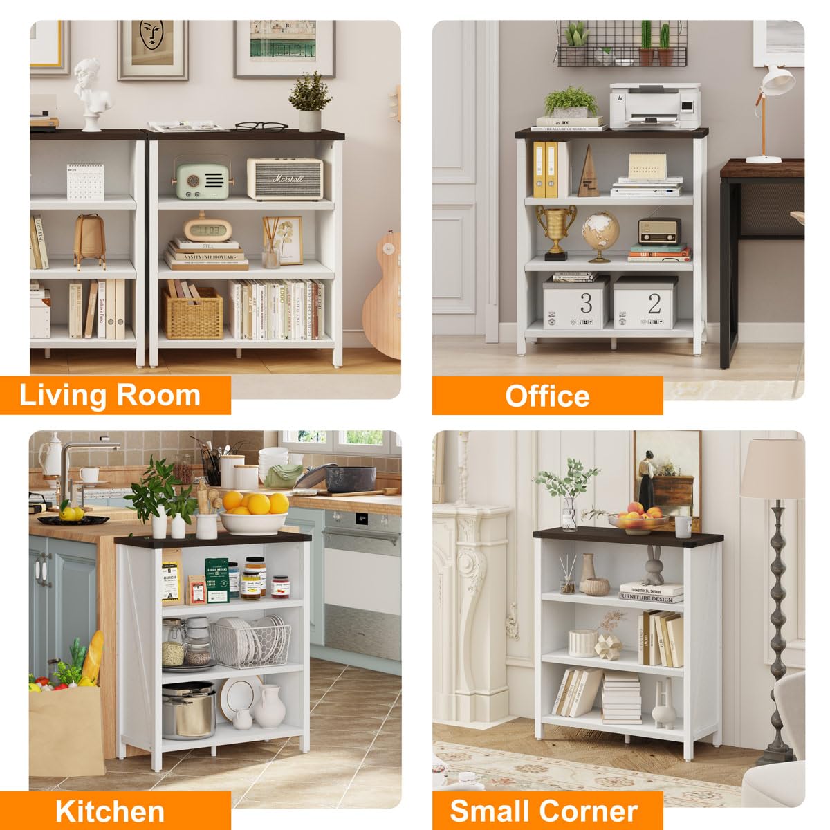 BON AUGURE Bookshelf, 3 Shelf Bookcase, Farmhouse Wooden Book Cases/Shelves, Floor Small Storage Book Shelves for Home Office, Living Room, Bedroom (White Oak and Walnut Brown) BON AUGURE