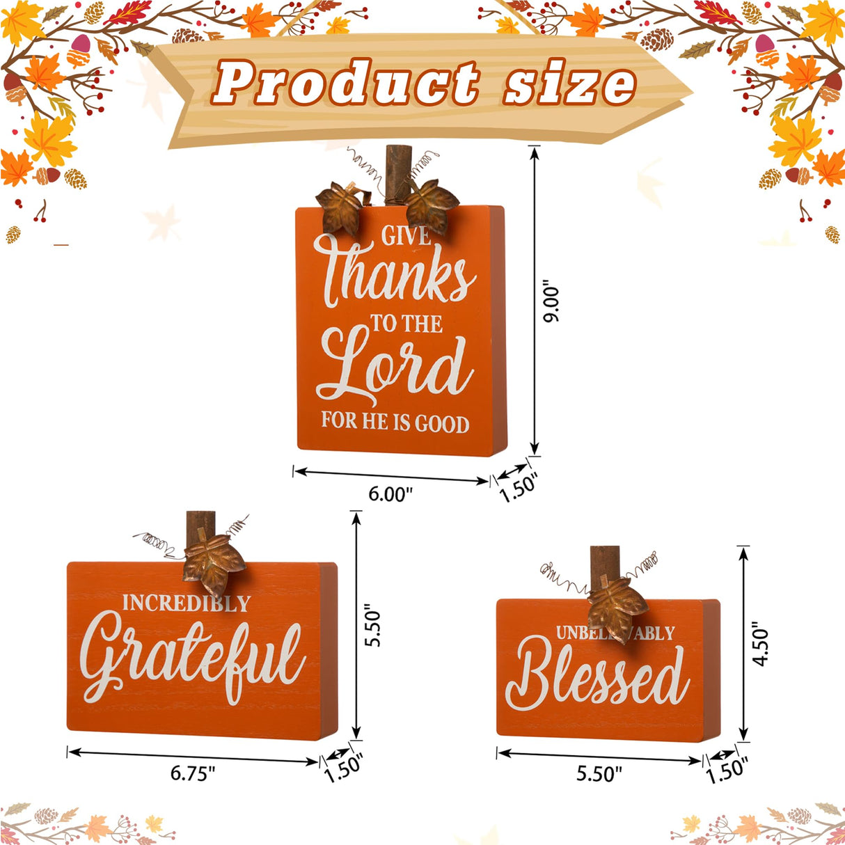 Glitzhome 3 Pack Fall Wooden Table Signs Farmhouse Thanksgiving Signs Blocks for Table Decorations Give Thanks to The Lord Thanksful Grateful Blessed Centerpiece Table top Signs for Tiered Tray Decor Glitzhome