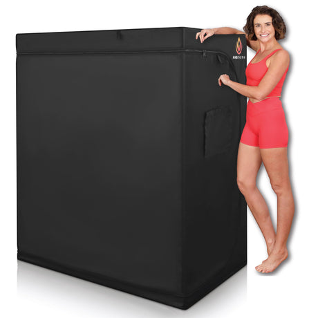 AMBITHERM Large Portable Infrare d Sauna for Home – Extra Large Sauna Tent - 50% More Leg Room – Touch-Sensitive Entertainment Pocket– Reclining Beechwood Chair with Washable Fitted Towel AMBITHERM